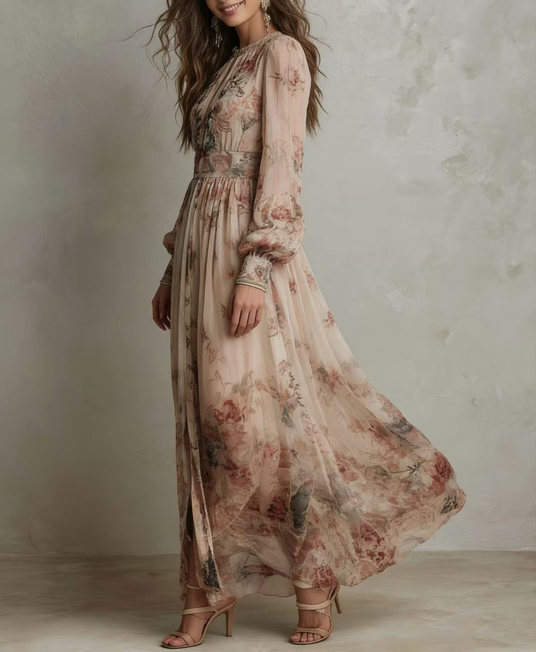Retro Chiffon Printed Crew-Neck Long-Sleeve Pleated Waist Floral Dress