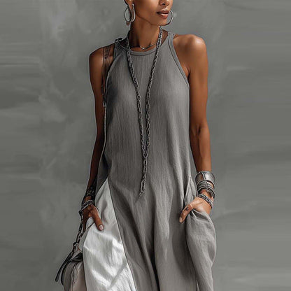 Womens Sleeveless Loose-Fit Color-Block Casual Off-Shoulder Dress With Pockets