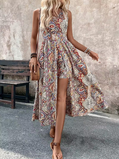 Summer Vacation Casual Chic Fashion Womens Printed V-Neck Sleeveless Jumpsuit