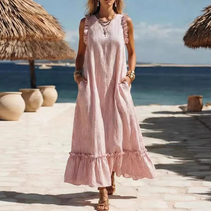 Sleeveless Ruffled Loose Striped Dress