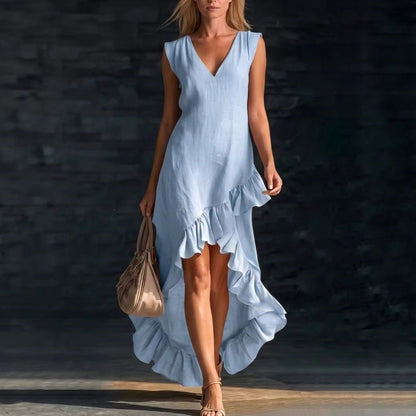 Women's Fashion Romantic Sleeveless V-Neck Ruffle Hem Cotton Linen Maxi Dress