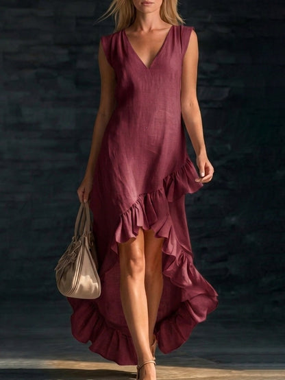 Women's Fashion Romantic Sleeveless V-Neck Ruffle Hem Cotton Linen Maxi Dress