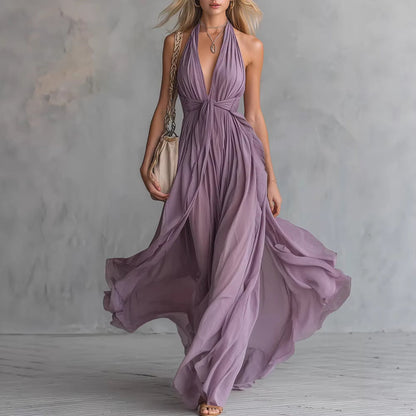 Solid-color V-neck Sleeveless Waist-cinching Dress