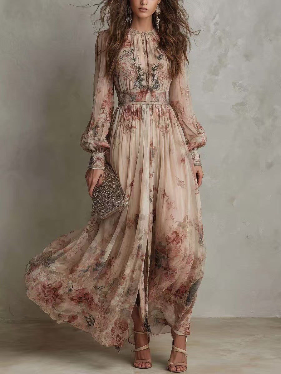 Retro Chiffon Printed Crew-Neck Long-Sleeve Pleated Waist Floral Dress