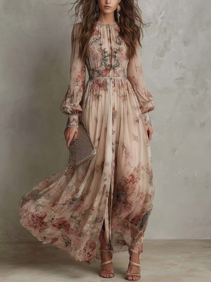 Retro Chiffon Printed Crew-Neck Long-Sleeve Pleated Waist Floral Dress